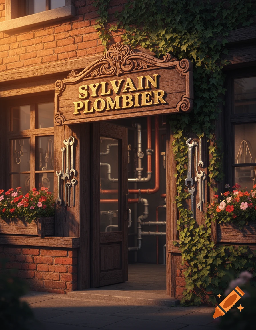 A charming plumbing shop named 'Sylvain Plombier' with a brick facade, ivy, flower boxes, and wrenches hanging outside the door.