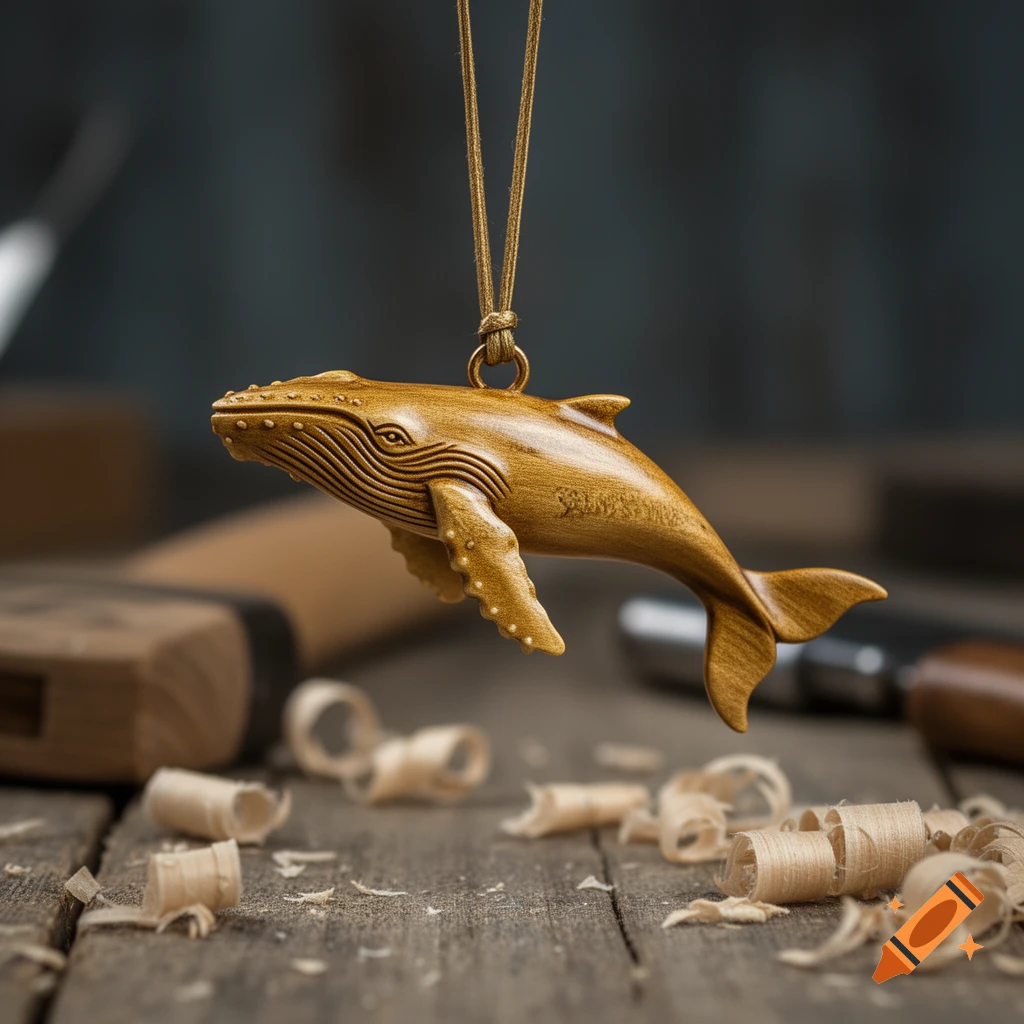 A beautifully detailed wooden humpback whale pendant hangs over a workbench with wood shavings and tools.