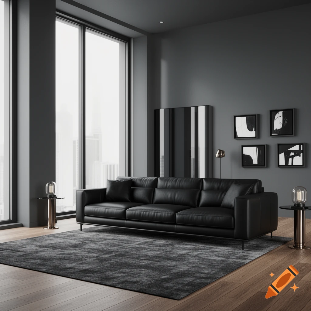 A modern living room with a black leather sofa, dark grey walls, a patterned rug, and tall windows.
