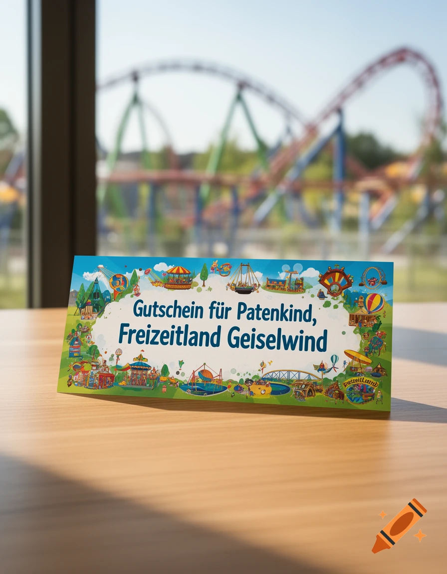A colorful amusement park voucher lies on a wooden table with a blurred roller coaster in the background.