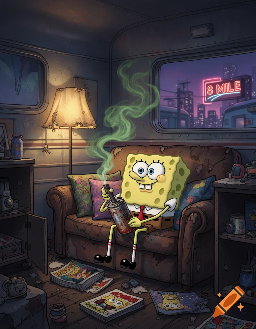 Spongebob Squarepants sits on a dirty couch in a dimly lit trailer, smoking from a can, with a neon '8 MILE' sign visible outside the window.