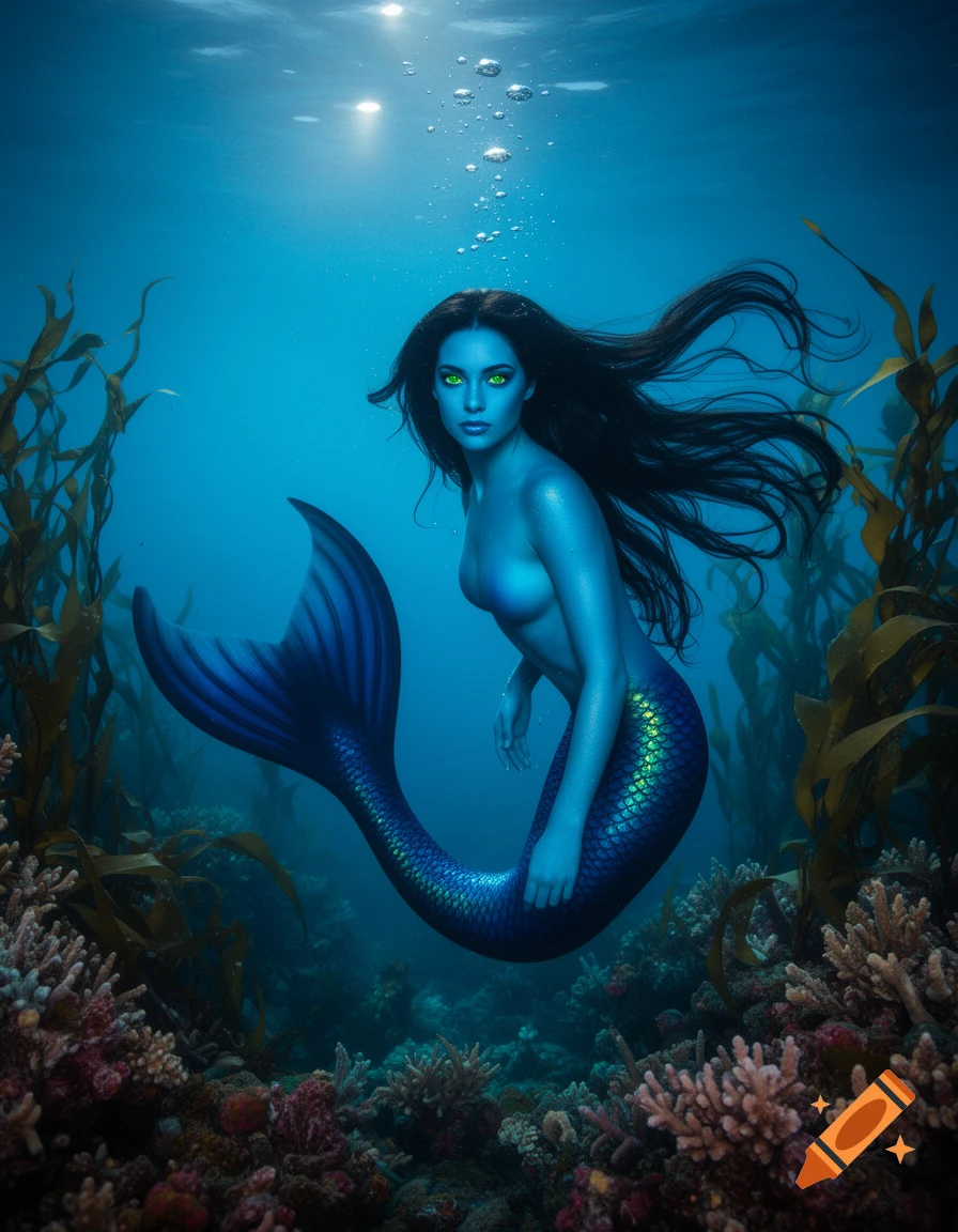 A beautiful mermaid with blue skin, green eyes, and long black hair, swims underwater with a dark blue tail amidst coral and kelp.