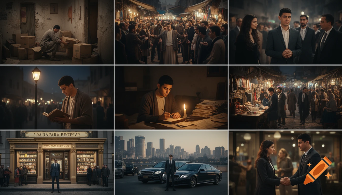 A nine-panel storyboard depicts a young Middle Eastern man's journey from poverty, studying, building a business, to helping others.