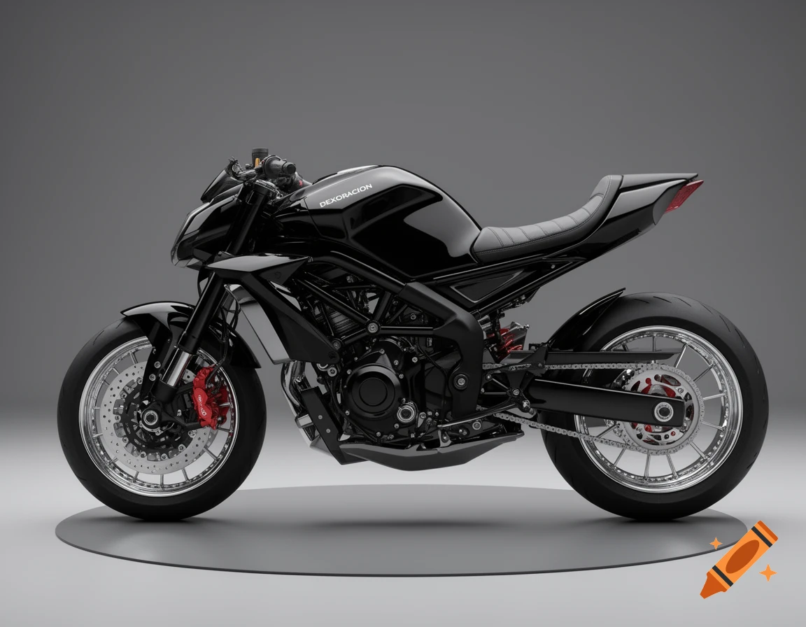 A sleek, black custom motorcycle with red brake calipers is shown in profile against a plain grey background.