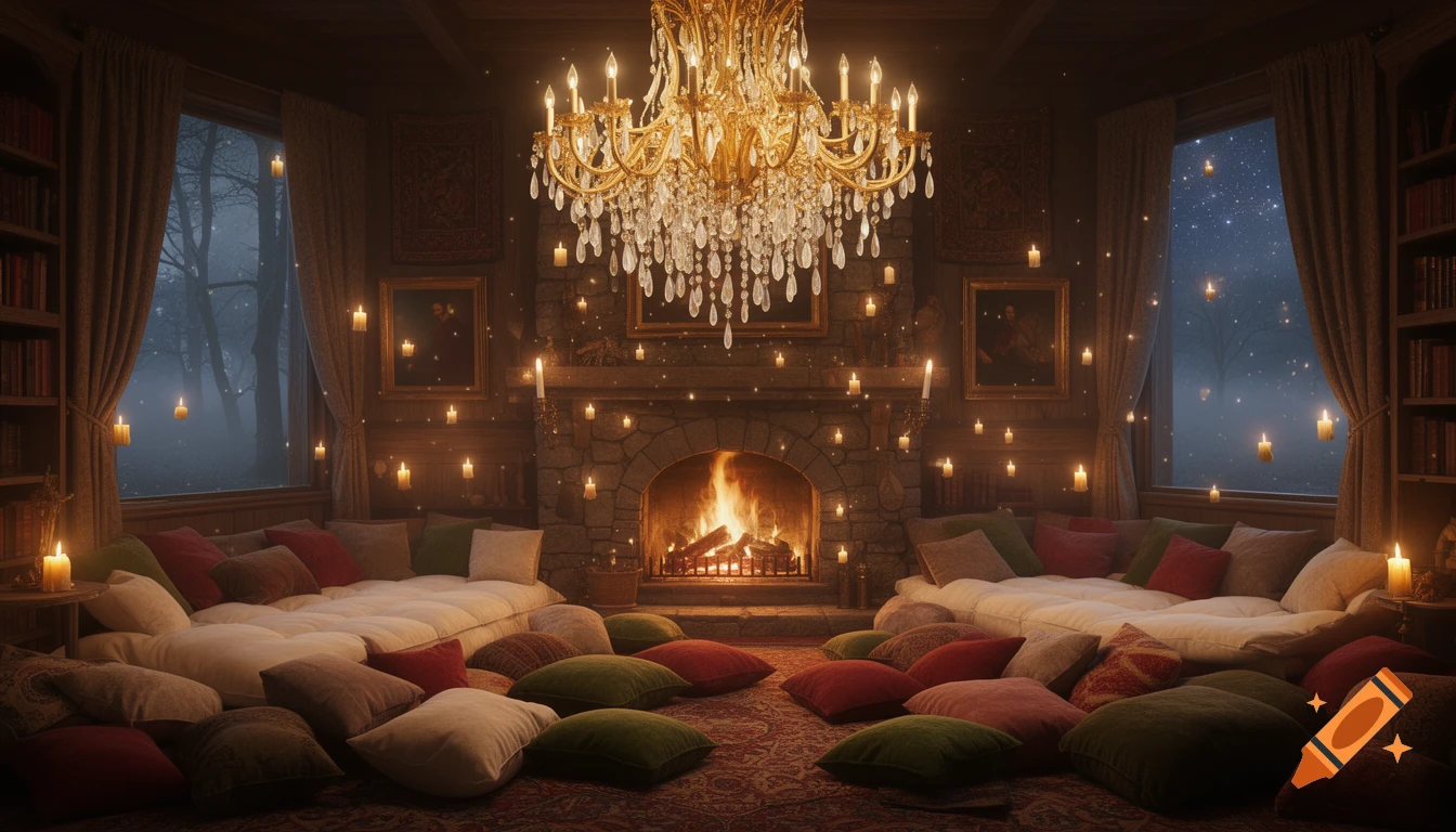 A grand, cozy fantasy room with a fireplace, an opulent chandelier, plush pillows, and floating candles.