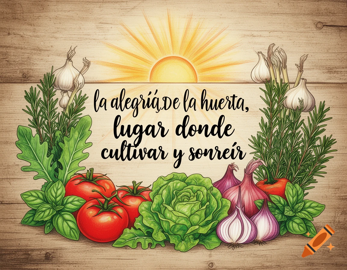 Illustration of fresh garden produce, herbs, and a sun surrounding Spanish text on a rustic wooden background.