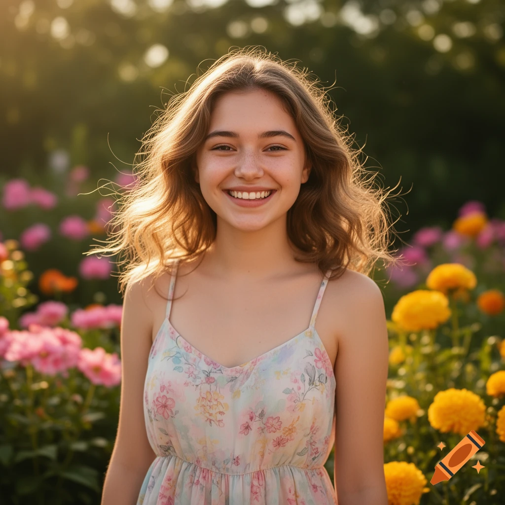 A smiling young woman with wavy hair stands in a sunny field of pink and yellow flowers.