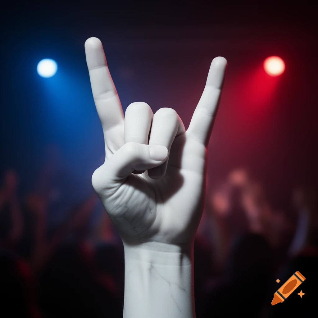 A solid white hand sculpture forms the rock-on gesture against a blurry concert background with red and blue lights.