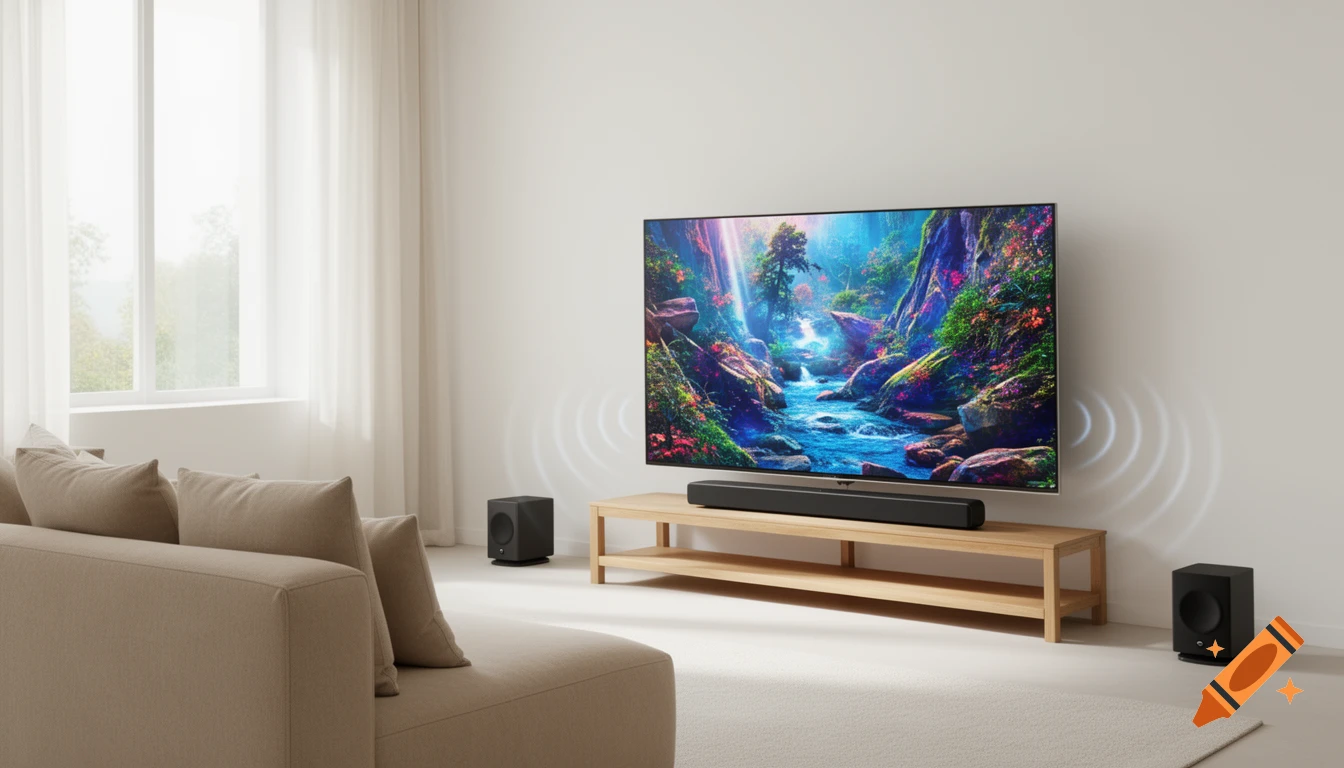 A modern living room with a large wall-mounted TV displaying a vibrant fantasy landscape, a beige sectional sofa, and a sound system.