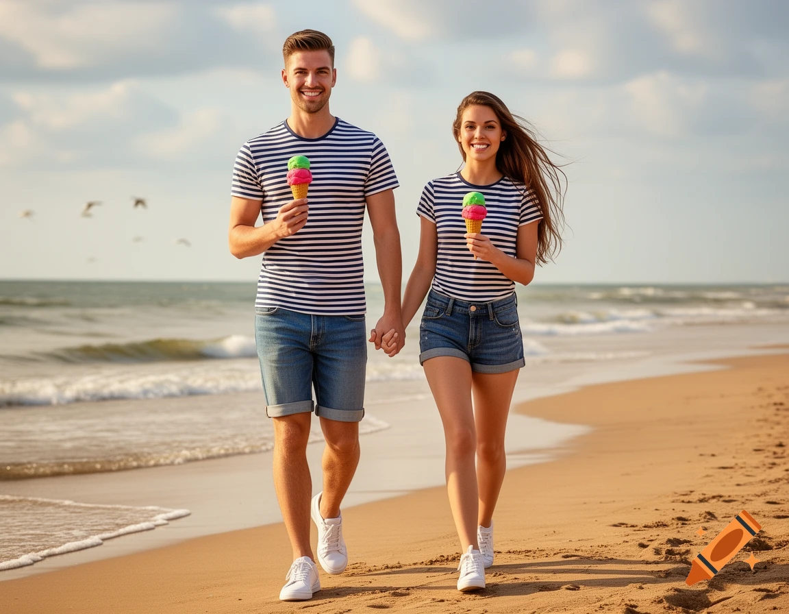 A smiling couple walks hand-in-hand on a sandy beach, both holding colorful ice cream cones under a sunny sky.