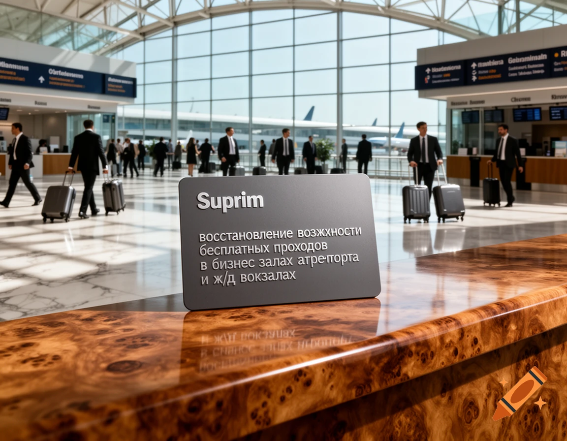 A photorealistic image of an airport terminal with people walking, featuring a prominent 'Suprim' sign with Russian text on a counter.