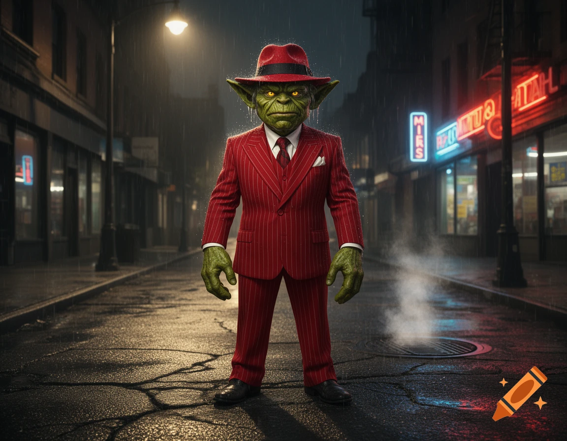 A green-skinned goblin-like creature in a red pinstripe suit and fedora stands on a dark, rainy city street at night with neon signs in the background.