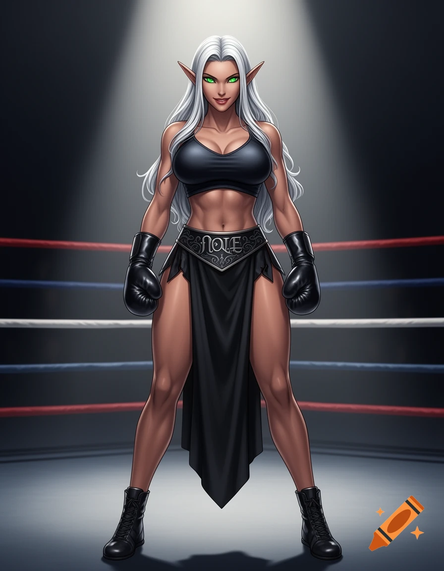 A muscular female dark elf with white hair and green eyes, wearing a black sports bra and skirt, black boxing gloves, and boots, stands in a boxing ring. Stylized.