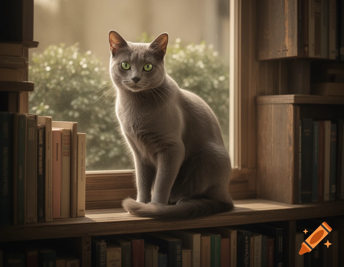 A grey cat with bright green eyes sits on a wooden bookshelf next to a window, with books stacked around it.