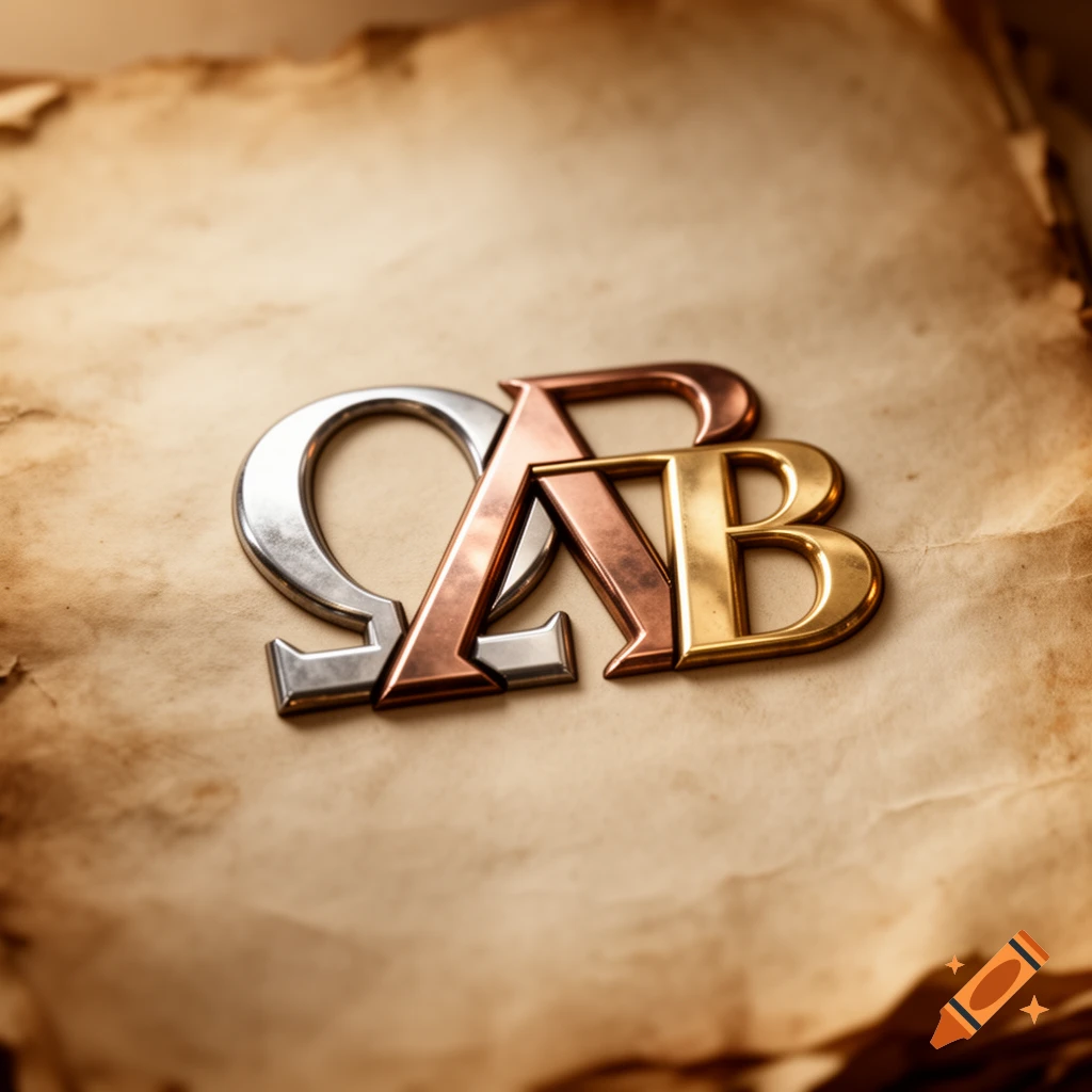 Metallic intertwined Greek letters Omega, Alpha, and Beta resting on aged parchment paper.