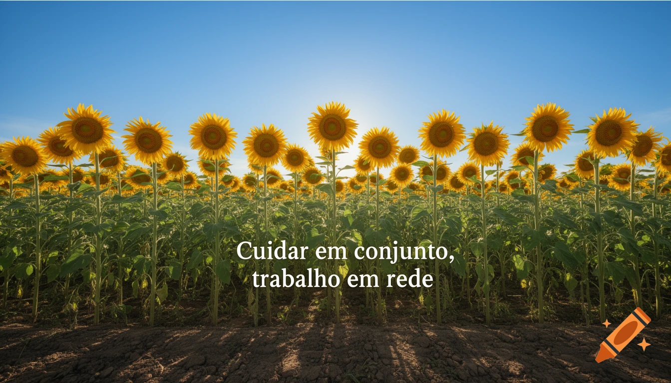 A field of yellow sunflowers facing the sun under a clear blue sky, with the text 'Cuidar em conjunto, trabalho em rede'.