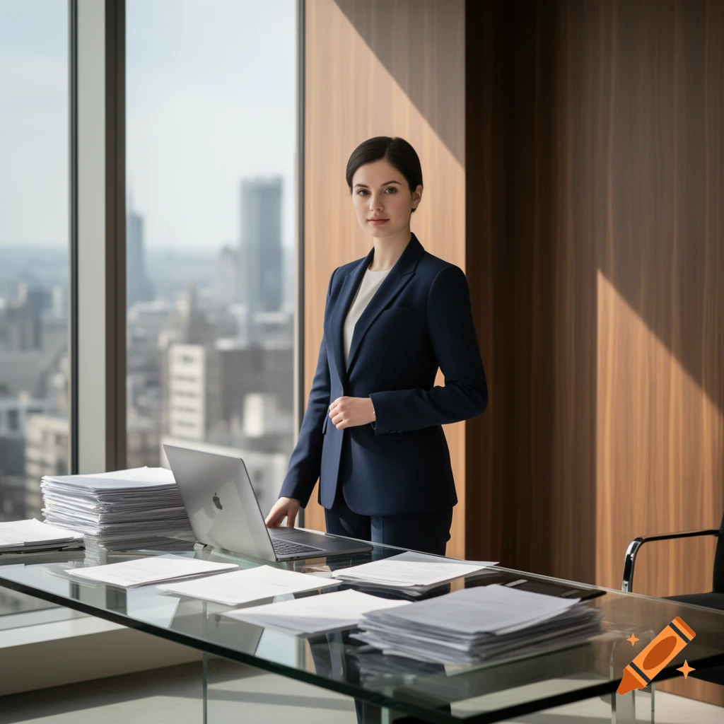 A professional woman in a navy suit stands next to a glass desk with a laptop and papers, overlooking a city from a high-rise office.