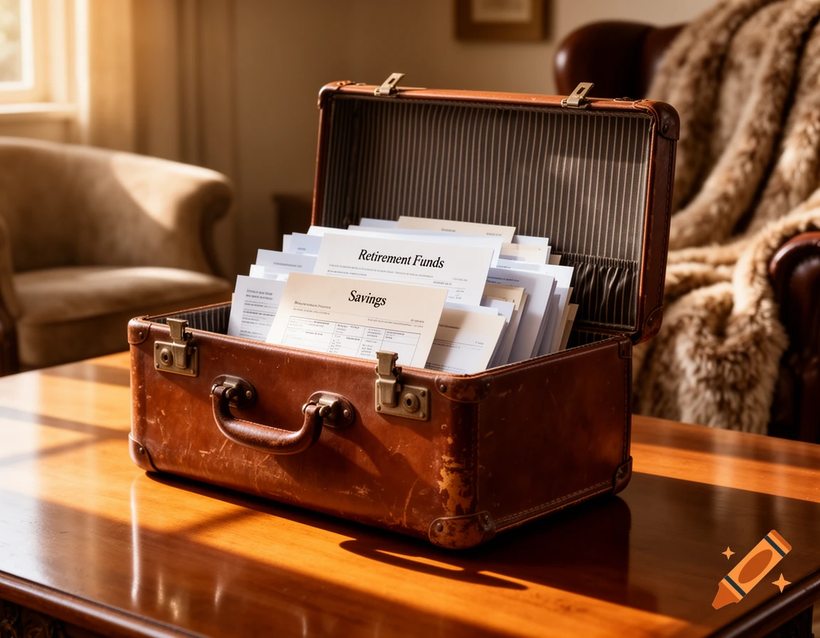 An open brown leather suitcase filled with financial documents labeled 'Retirement Funds' and 'Savings' sits on a polished wooden table in a sunlit room.