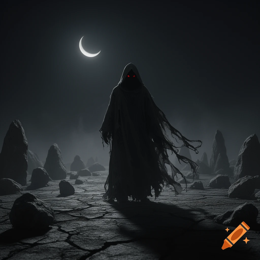 A dark, cloaked figure with glowing red eyes stands under a bright crescent moon in a desolate, cracked, rocky landscape.