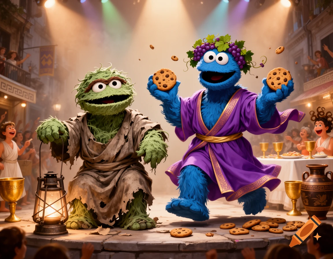 Oscar the Grouch as Diogenes holding a lantern, and Cookie Monster as Dionysus wearing a grape wreath, holding cookies in an ancient Roman street scene.