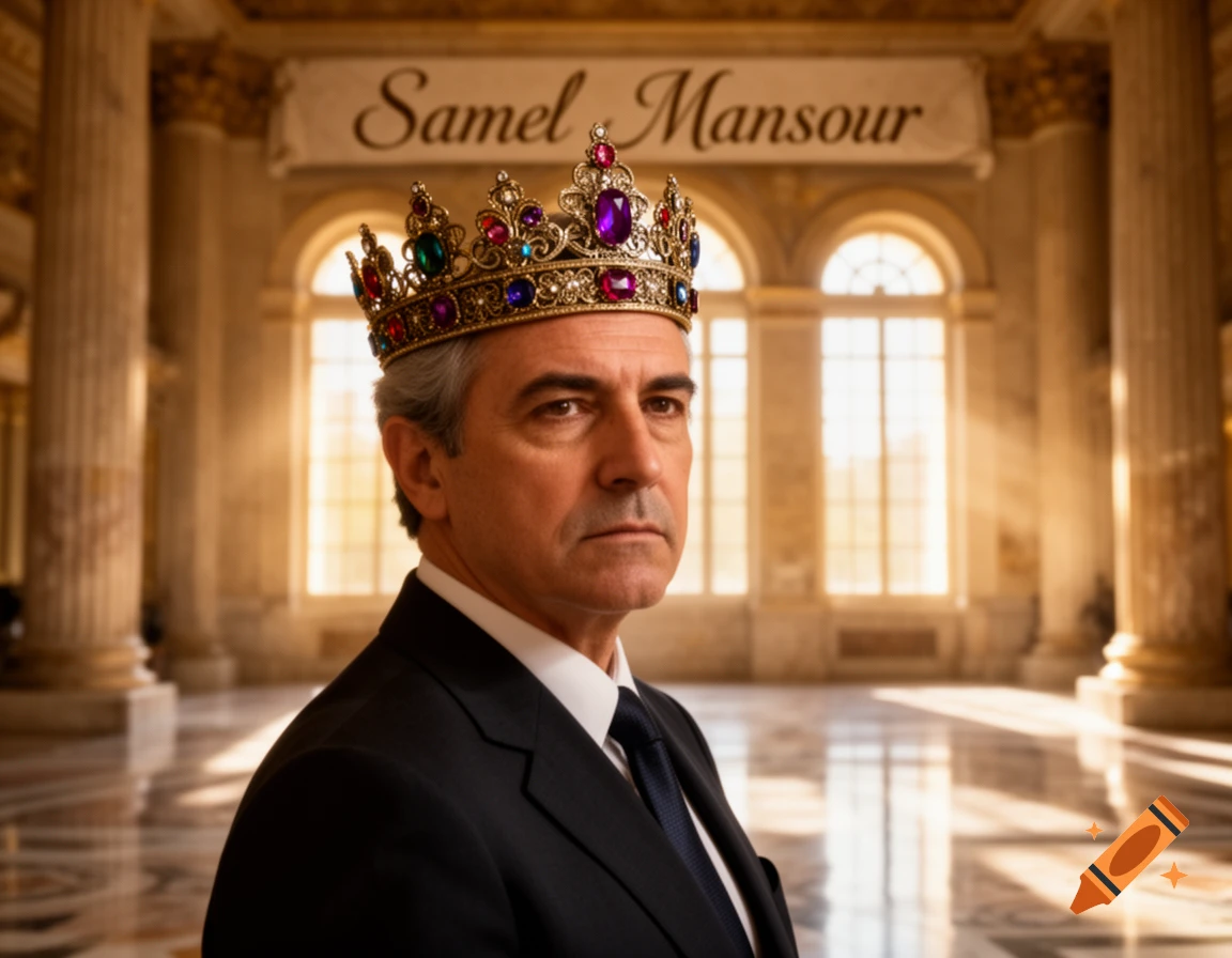 Photorealistic portrait of a serious man in a suit wearing a jeweled crown, standing in a grand classical hall.