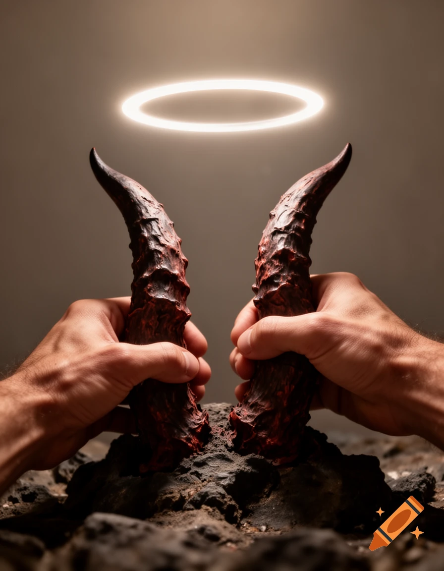 Two hands hold textured red devil horns emerging from dark ground, with a glowing halo floating above them in a dramatic light.