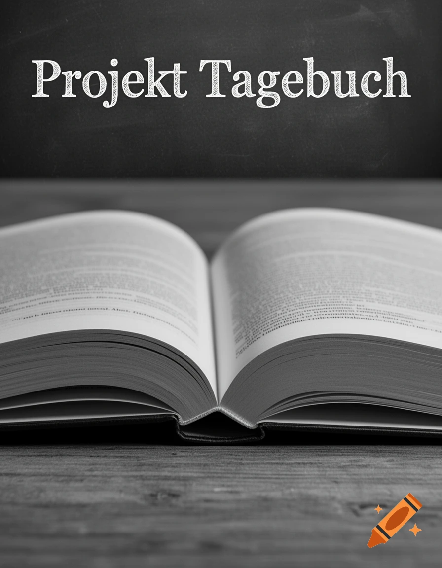 Black and white photo of an open book on a wooden table, with 'Projekt Tagebuch' written on a chalkboard above it.