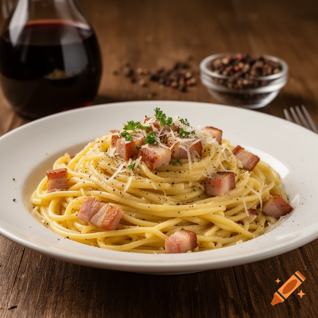 A close-up, photorealistic shot of a plate of carbonara pasta, garnished with bacon, grated cheese, and parsley, on a wooden table.