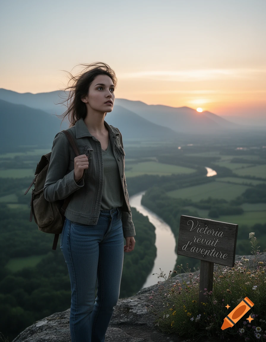 A woman with a backpack on a mountain cliff overlooks a river valley at sunset, with a sign reading 'Victoria rêvait d'aventure'.