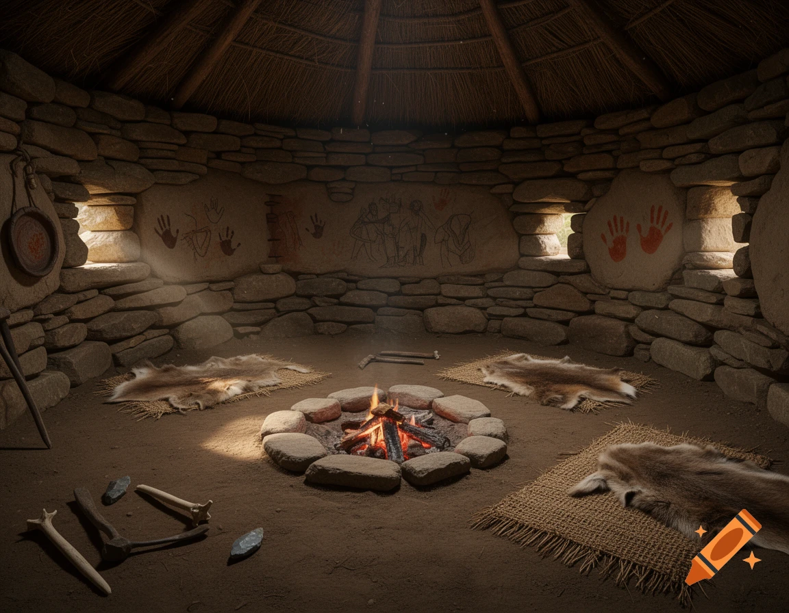 Interior of a Neolithic house with a central fire pit, stone walls, thatched roof, animal skin rugs, stone tools, and cave paintings.