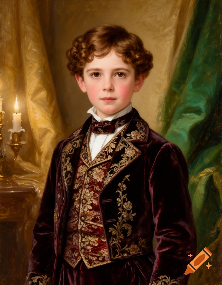 Oil painting portrait of a young Victorian boy with curly brown hair, wearing a velvet suit and waistcoat.