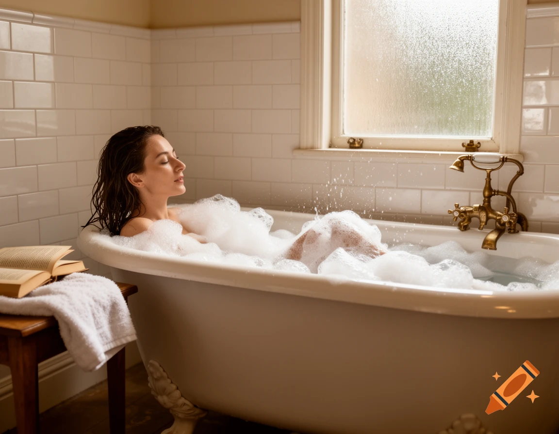 A woman with wet hair relaxes in a bubbly bathtub, a book and towel on a nearby stool in a well-lit bathroom.