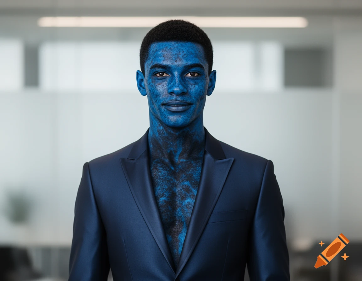 A man with blue and black mottled skin wears a dark blue suit jacket ...