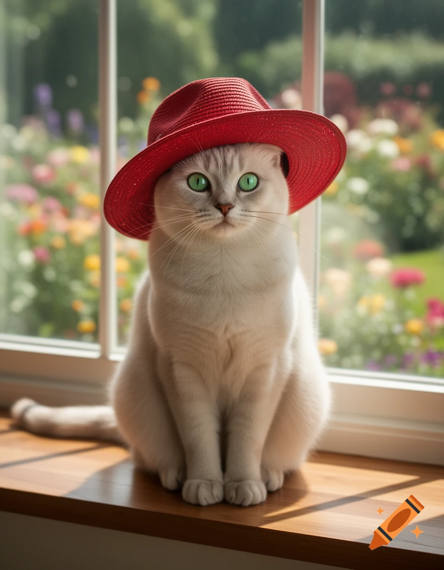 A white cat with bright green eyes wearing a red straw hat sits on a wooden windowsill, with a blurry garden visible outside.