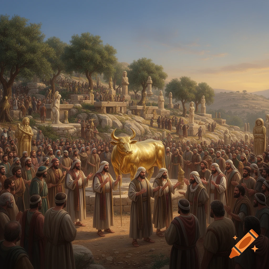 A large crowd of people in ancient robes gathers to worship a golden calf and other idols on a rocky hillside with altars and trees.