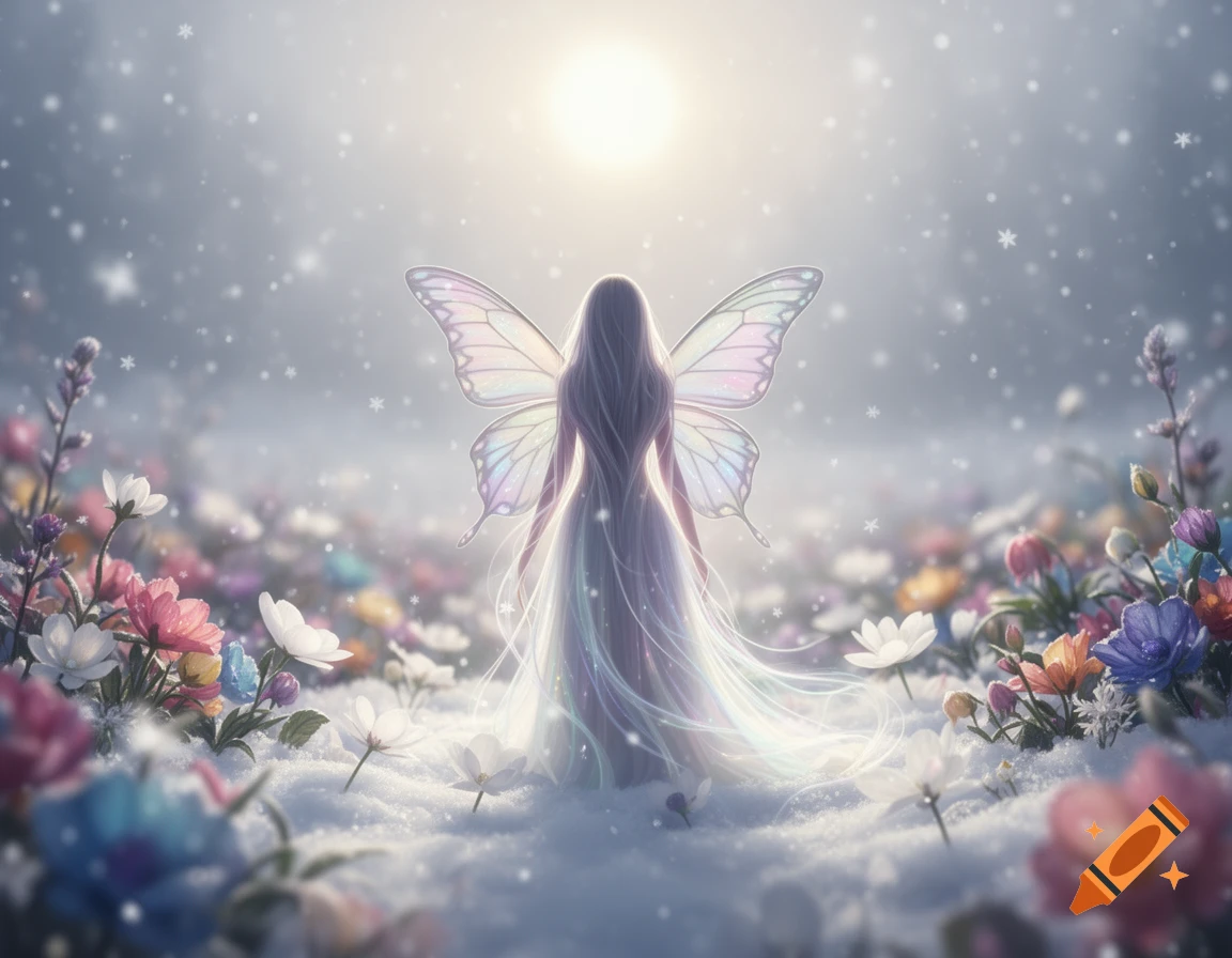 A glowing fairy with iridescent wings stands with her back to the viewer in a snowy field filled with colorful flowers, bathed in bright light.