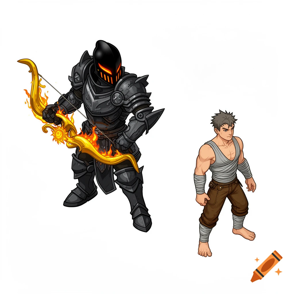 Two male fantasy characters in 2D isometric style against white. A dark armored knight with a fiery golden bow stands next to a man in wraps and brown pants.