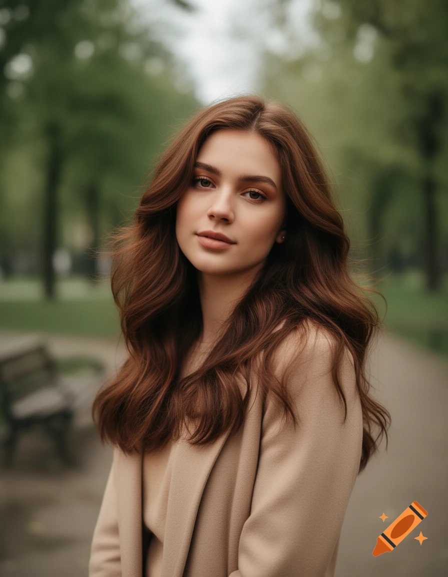 Photorealistic portrait of a young woman with long wavy brown hair, wearing a beige coat, standing in a park.