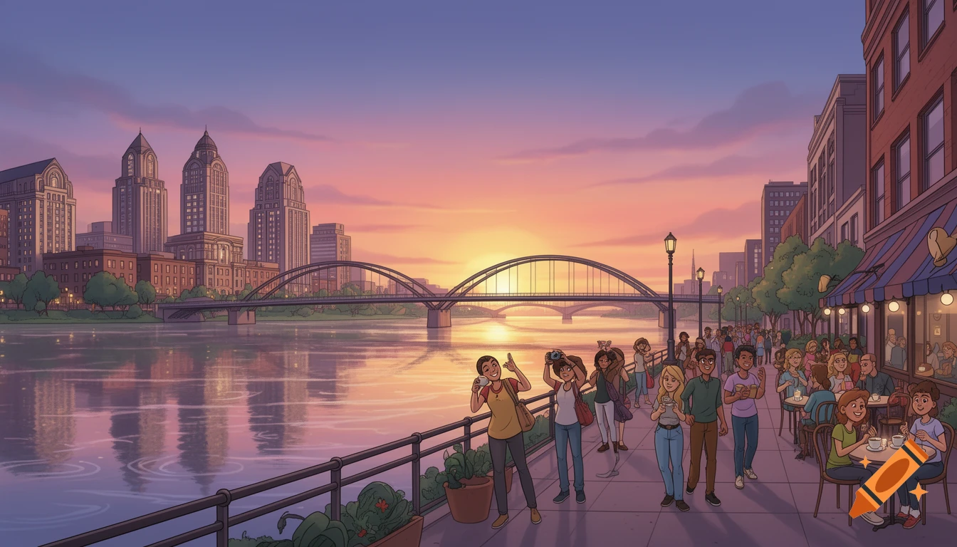 Cartoon illustration of a lively city waterfront at sunset, with people strolling past outdoor cafes along a river, bridges, and buildings.