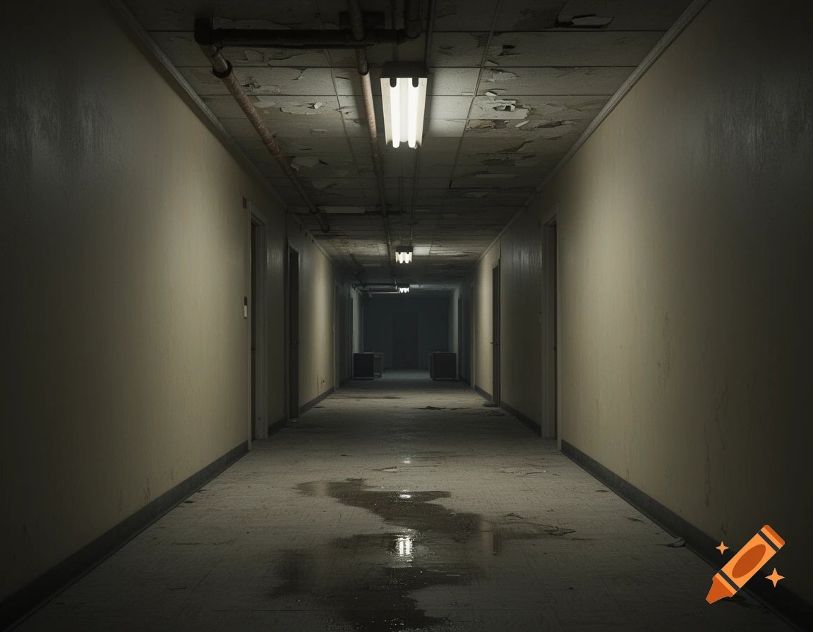 A dark, long, and eerie hallway with peeling paint, dim fluorescent lights, and wet, dirty floors, evoking a liminal space.