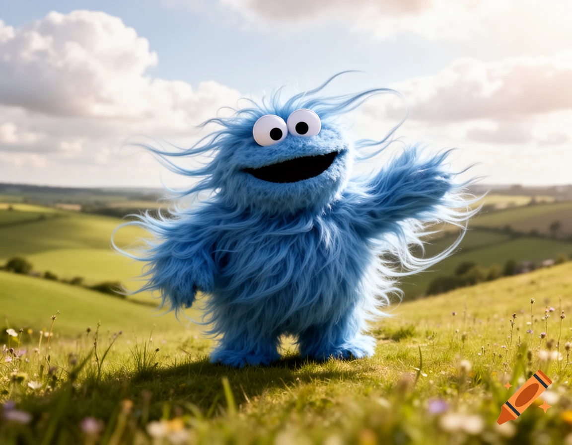 A fluffy blue monster with big eyes and a wide smile stands in a vibrant green field under a blue sky, its fur blowing in the wind.