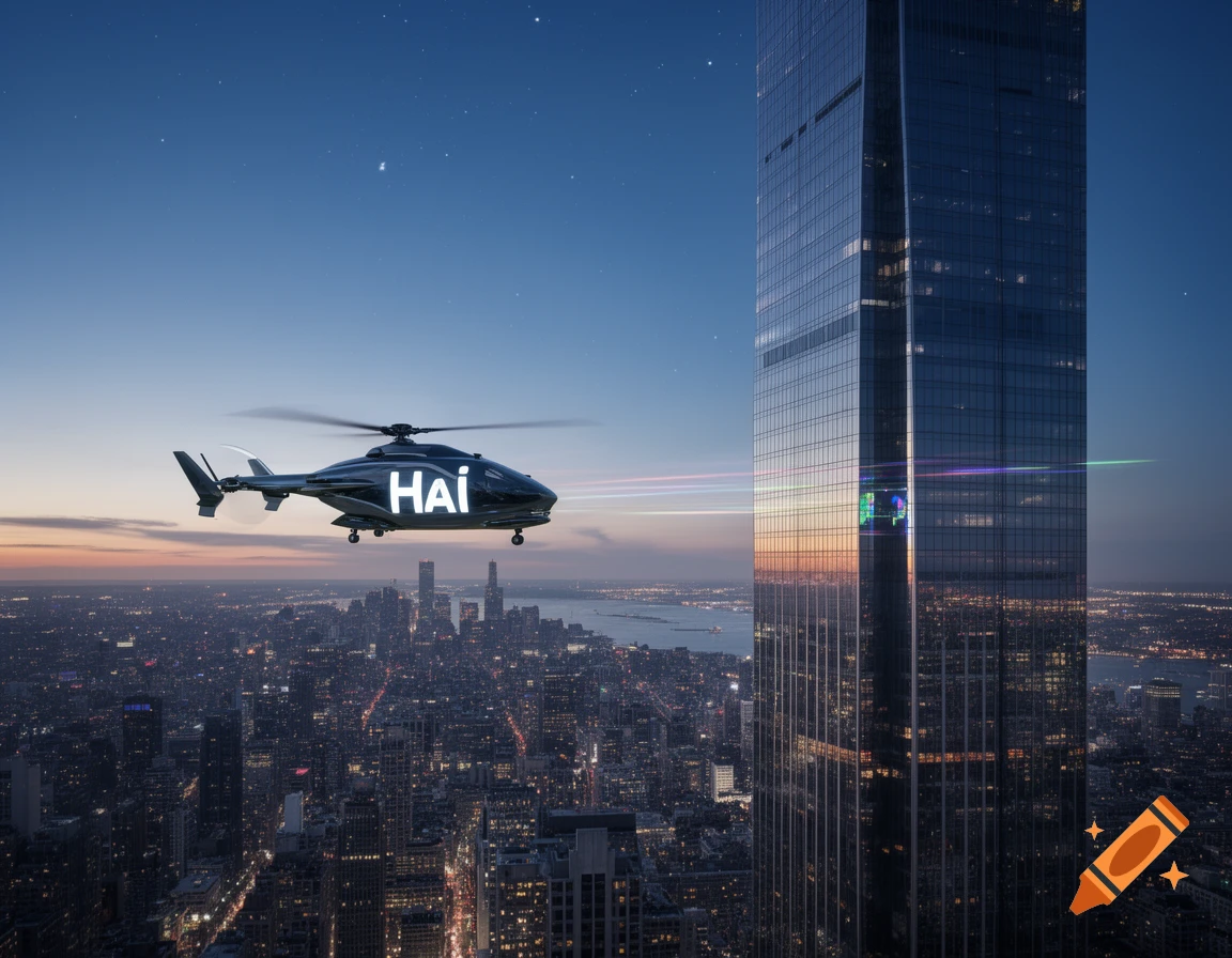 A dark grey helicopter with "HAi" on its side flies past a tall glass skyscraper over a brightly lit city at dusk, photorealistic.