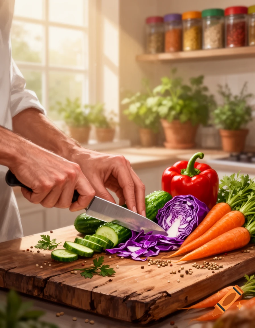 Close-up of hands slicing cucumbers and purple cabbage on a wooden board with other vegetables in a sunlit kitchen.