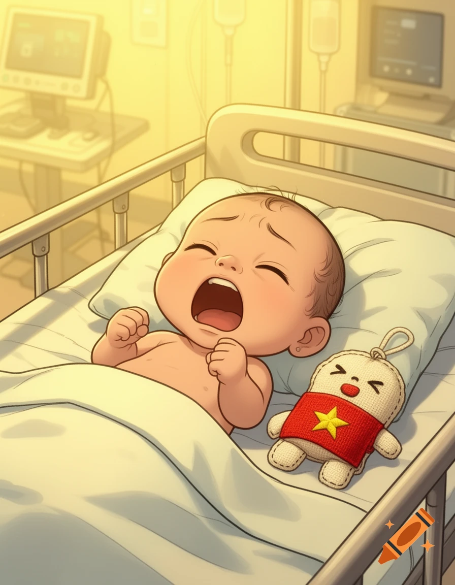 A crying, large-eyed cartoon baby lies in a hospital bed with a white pillow and blanket, beside a cloth doll with a red shirt and yellow star. Warm light fills the room.