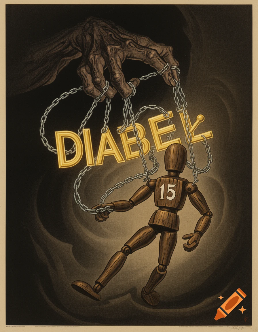 A surreal dark art poster depicts a demonic hand controlling a wooden marionette labeled '15' with chains forming the word 'DIABEŁ'.