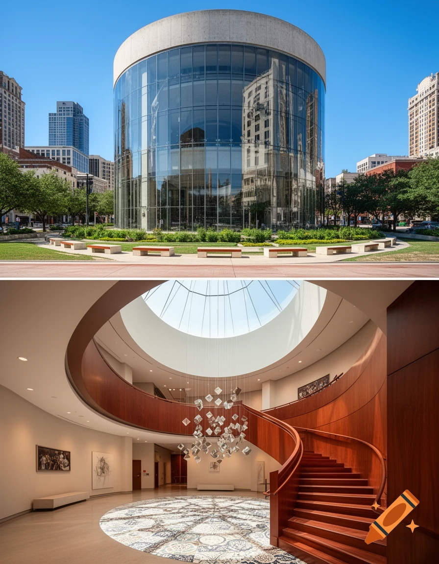 Modern cylindrical glass building exterior with green lawn, and grand interior lobby with spiral wooden staircase and skylight.