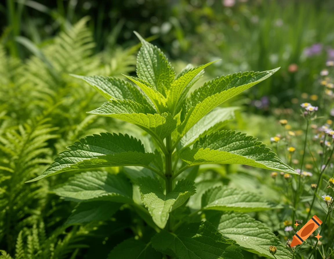 Close-up of vibrant green plant leaves with serrated edges, against a soft-focus background of ferns and small wildflowers.