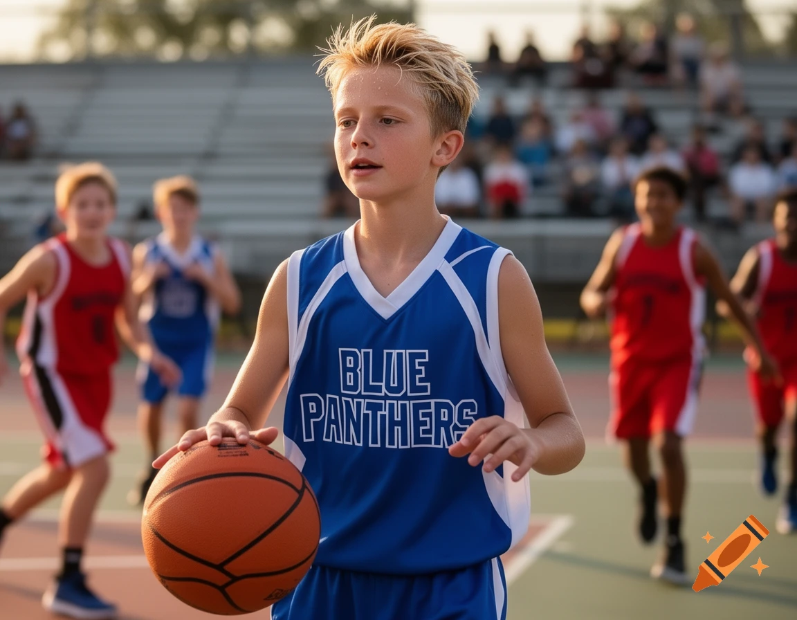 A young boy with blond hair dribbles a basketball on an outdoor court, wearing a blue jersey with 'BLUE PANTHERS' on it. Other players are in the background.