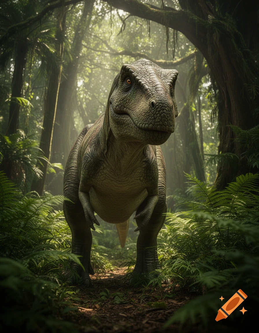 A large, photorealistic dinosaur stands on a path in a lush, misty jungle, looking forward.