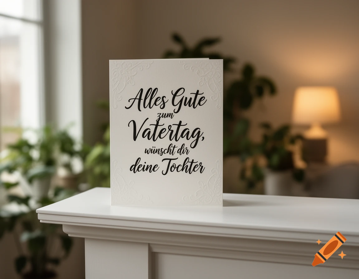 A Father's Day greeting card on a white mantlepiece, featuring black script reading 'Alles Gute zum Vatertag, wünscht dir deine Tochter'.